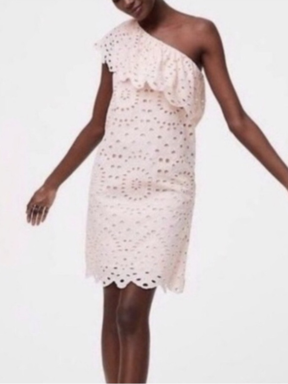 LOFT One-Shoulder Eyelet Ruffle Dress in Blush Sz 8 Tall NWT